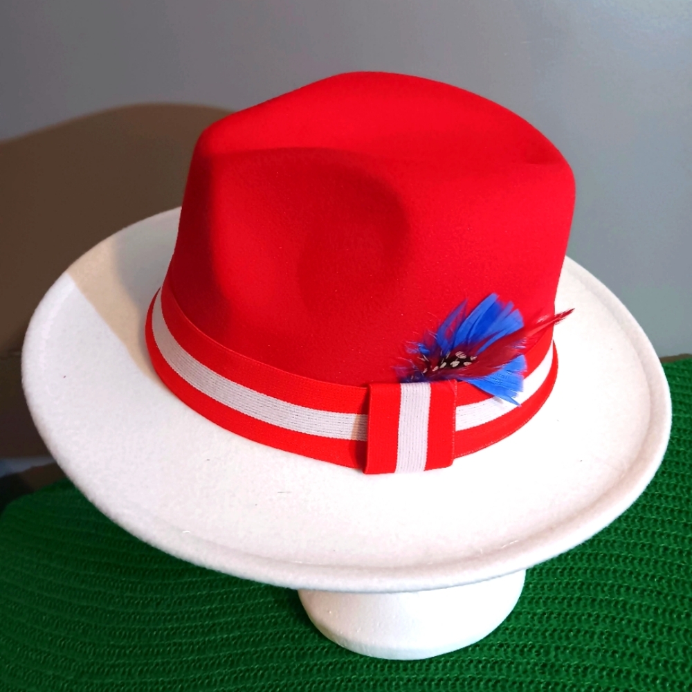 Red and White Fedora with Blue Feather Accent